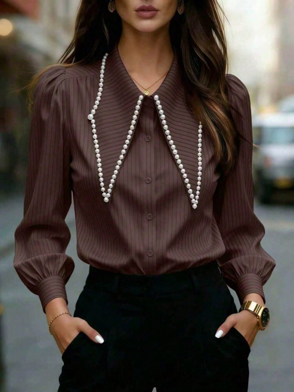 Coffee Brown Elegant Women's Regular Fit Puff-Sleeve Button-Up Shirt - Picture 3 of 4